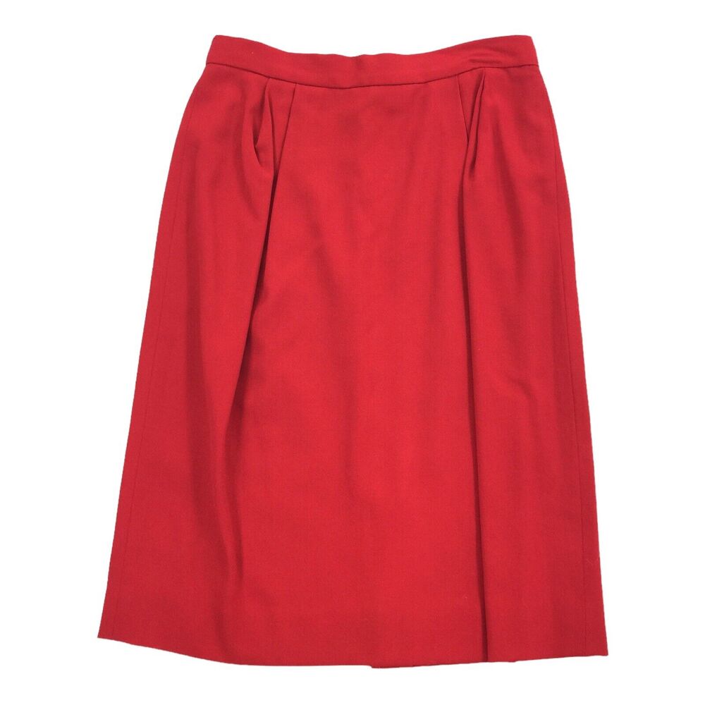 Vintage Burberry Pleated Front Pencil Skirt Size 8 Womens Solid Bright Red Wool
